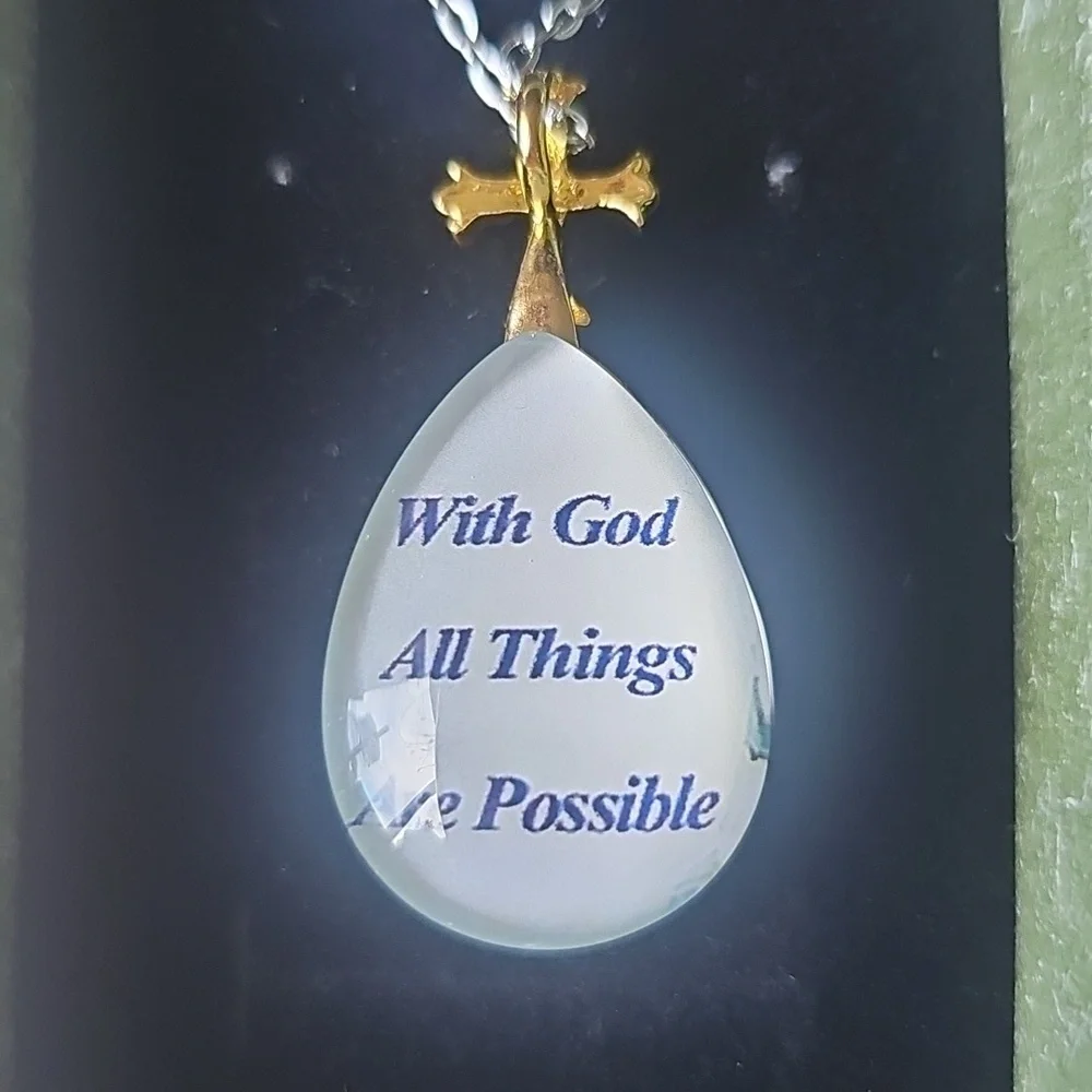 NIB Acrylic Double Sided Jesus Teardrop Shaped Necklace Gold Cross